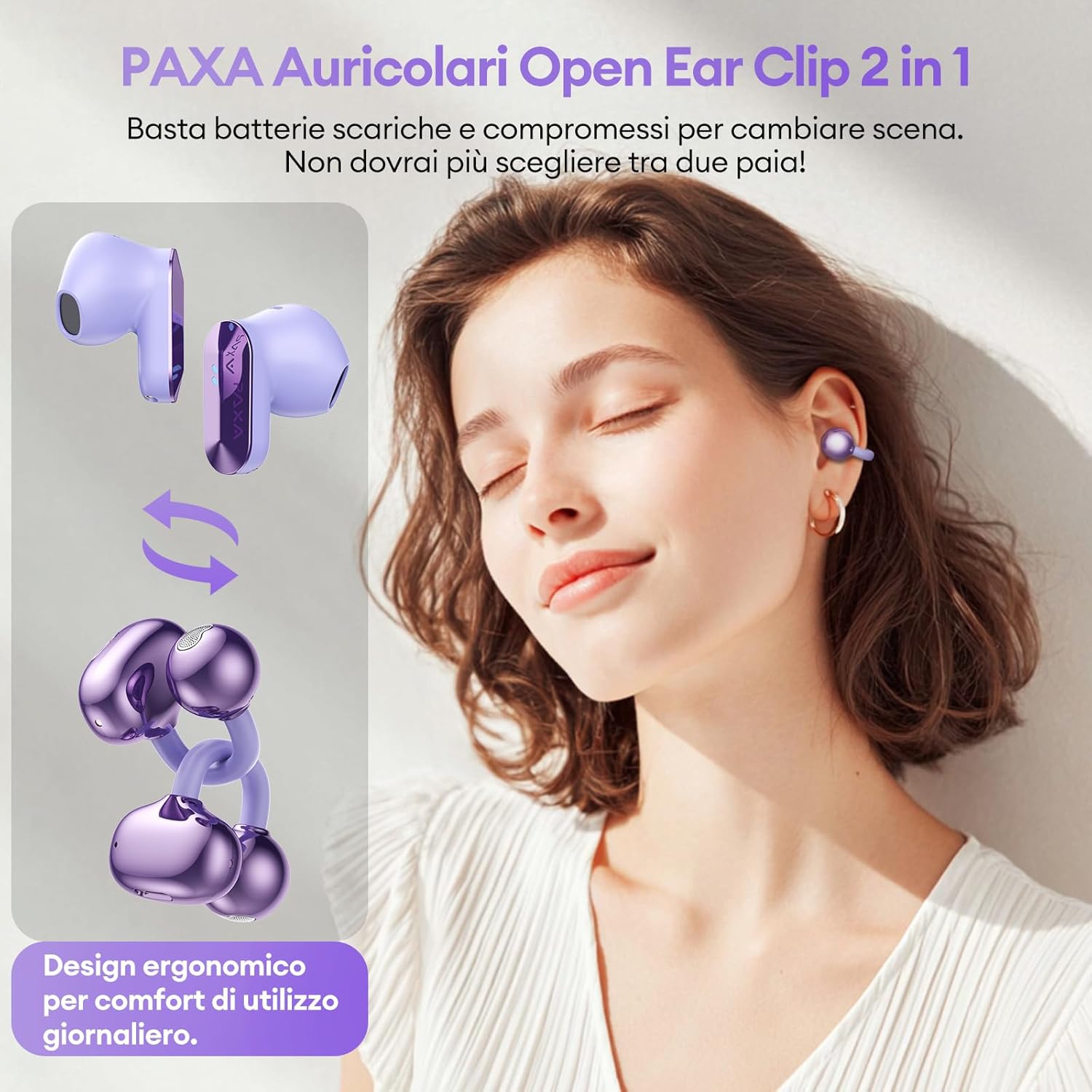 Paxa Cuffie Open Ear Bluetooth 6.0 140H, Viola - immagine 2