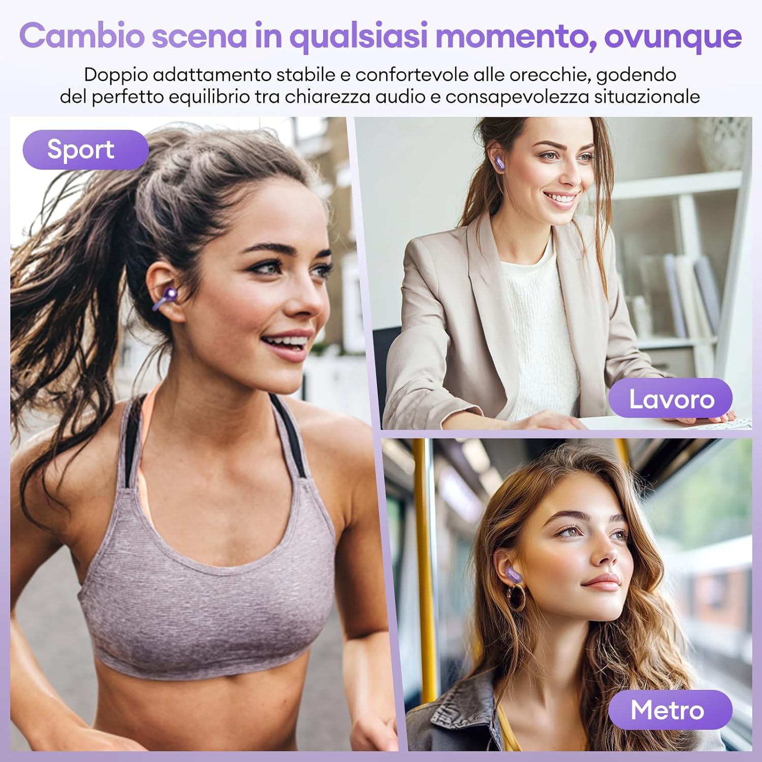 Paxa Cuffie Open Ear Bluetooth 6.0 140H, Viola - immagine 7