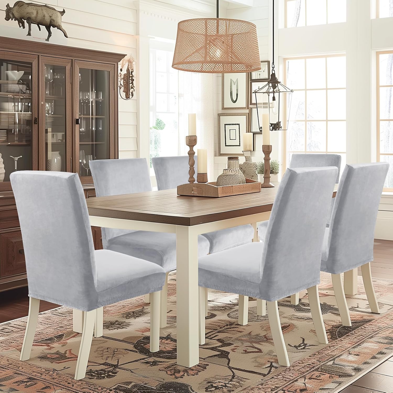 Coprisedie Velluto con Schienale 6 Pezzi, Grigio Argento - immagine 2