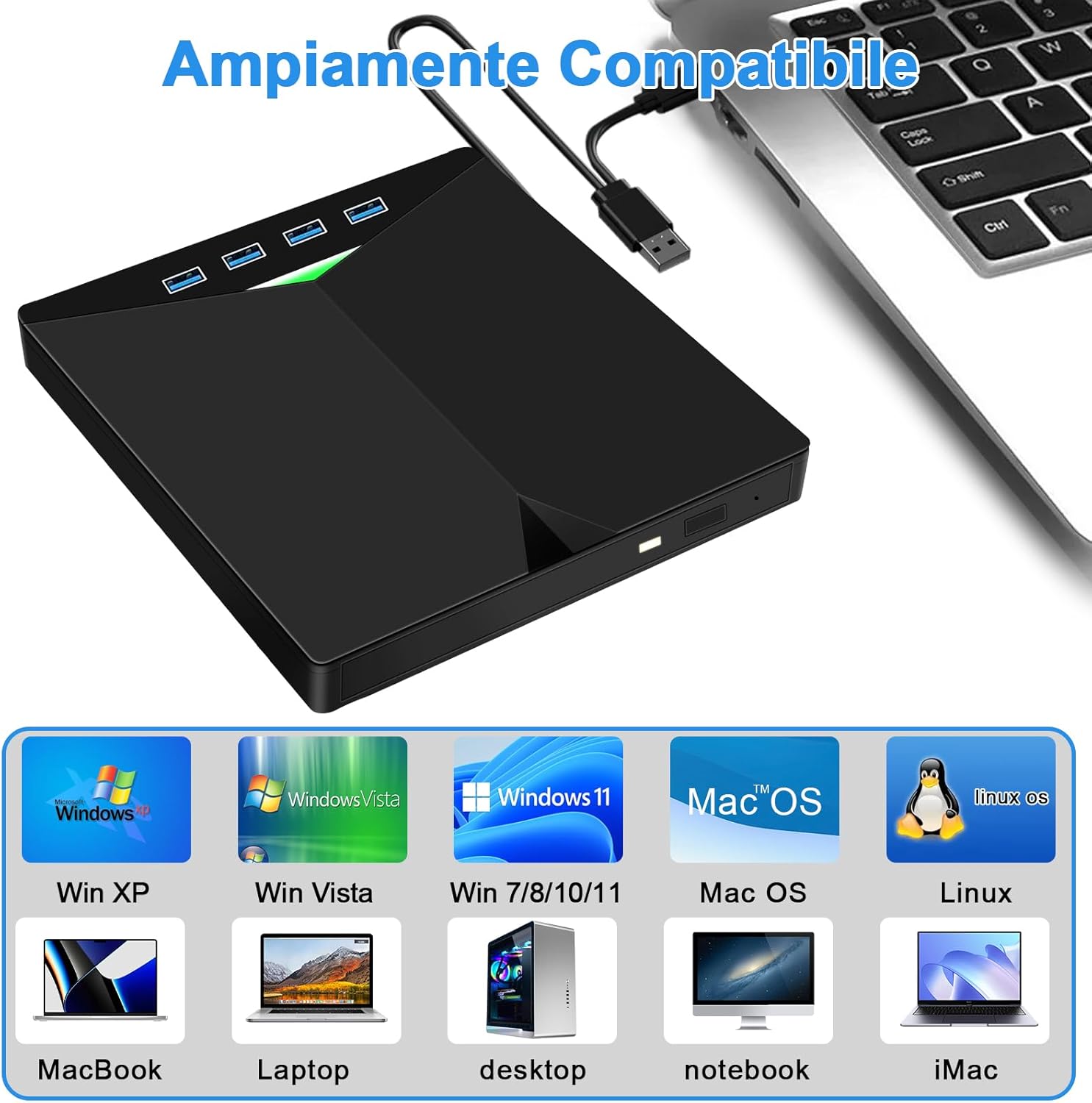 Dictien Lettore CD/DVD Esterno USB 3.0 per PC - immagine 5