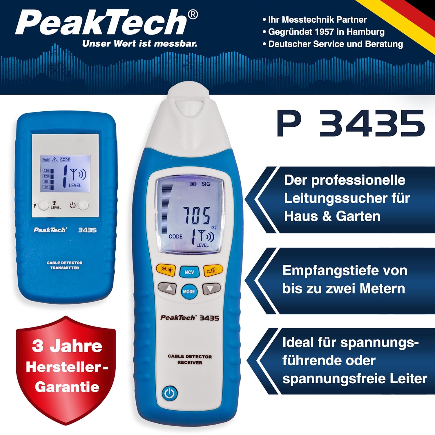 Peaktech 3435 Rilevatore di Cavi con Trasmettitore e Ricevitore - immagine 2