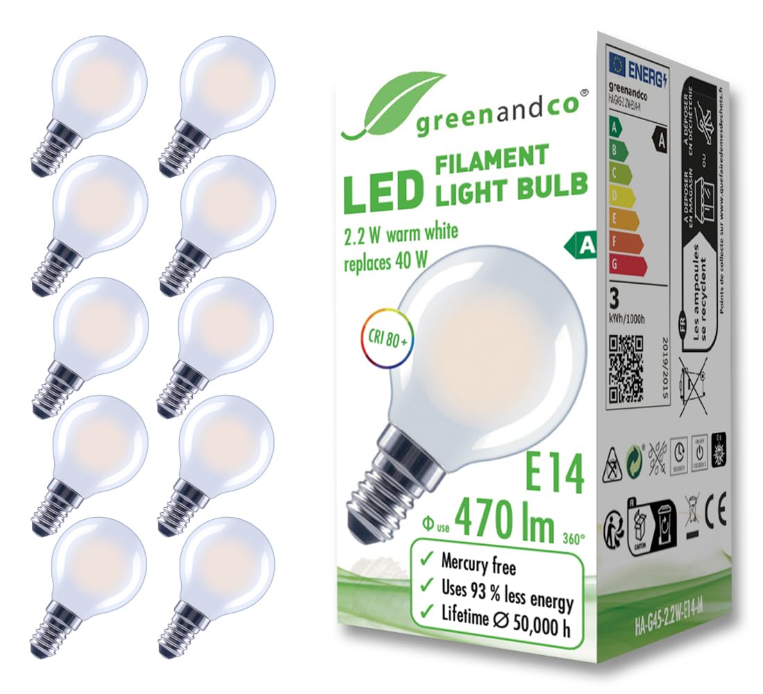 Greenandco 10 Lampadine Filamento LED E14 G45 2,2W
