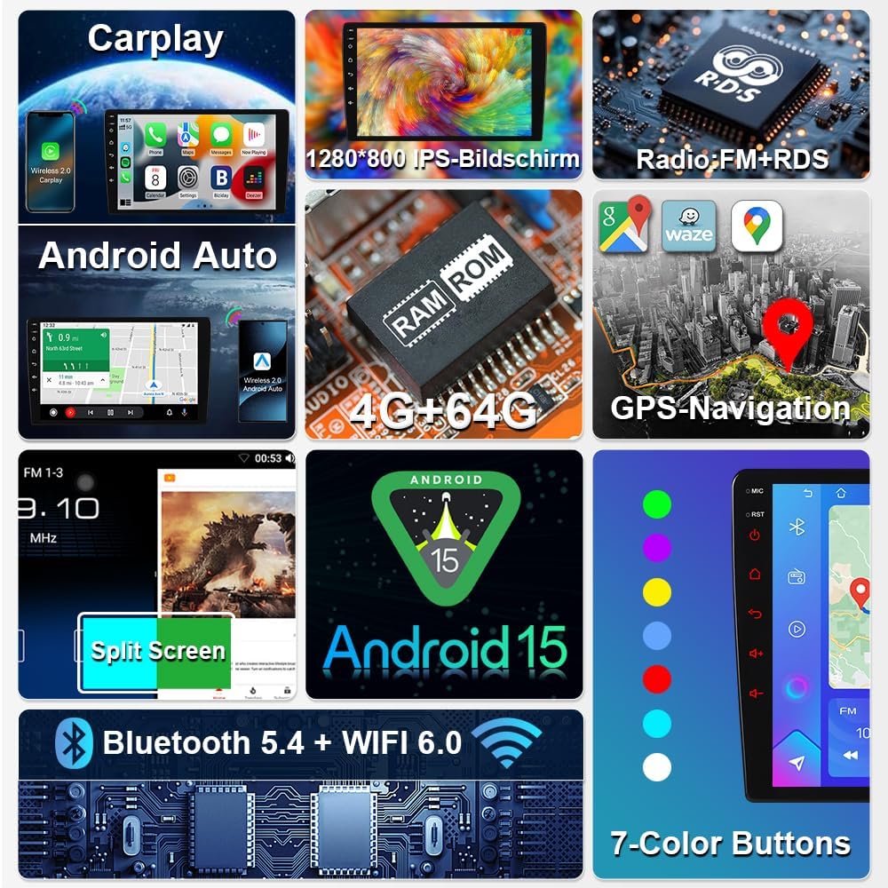Autoradio Android 15 Wireless CarPlay Android Auto 9 Pollici - immagine 3