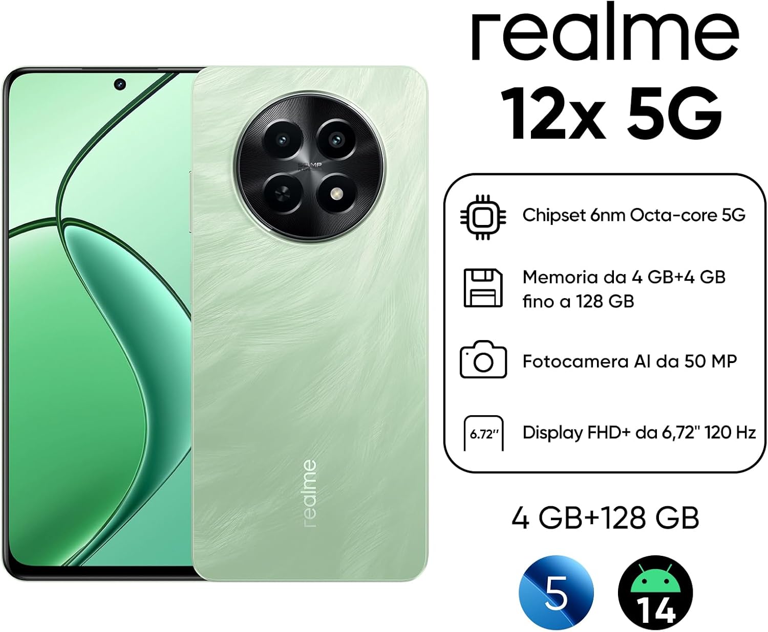 Realme 12x 5G Smartphone 4+128 GB, Verde - immagine 2