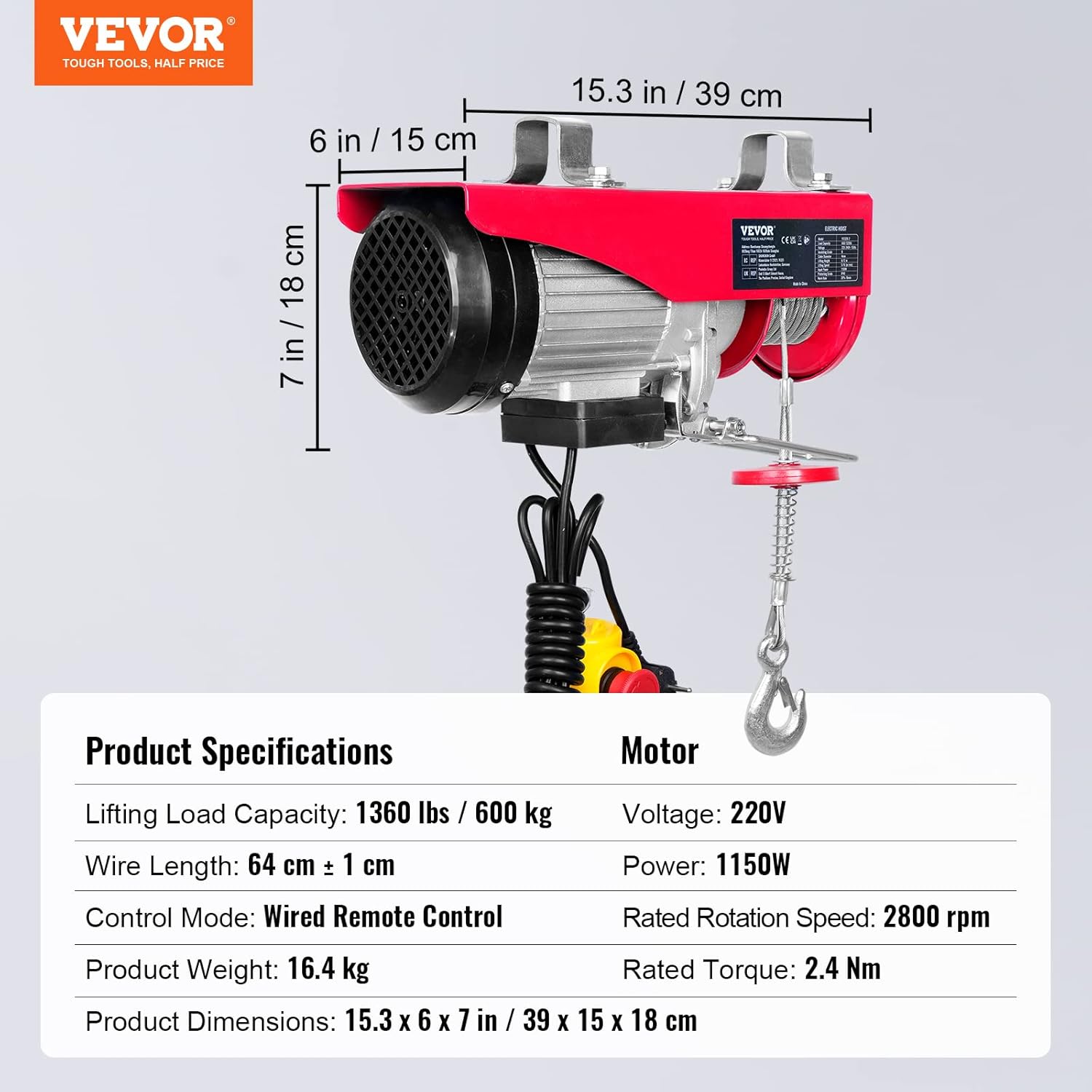 VEVOR Paranco Elettrico a Leva 1150W 600kg 12m - immagine 7