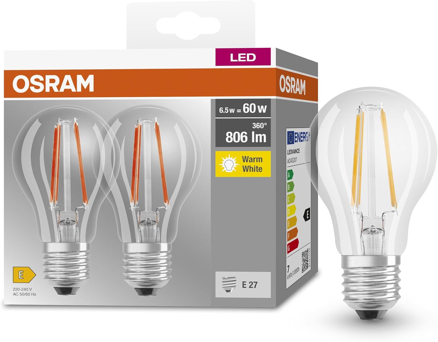 Osram Lampada LED BASE CLASSIC A FIL 60 E27, Doppia - immagine 1