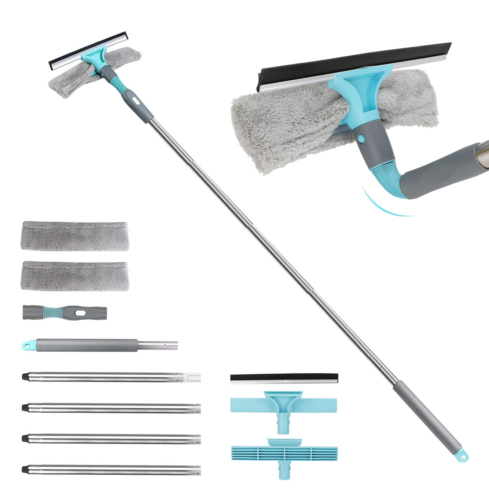 Cozary Lavavetri con Manico Telescopico(170cm), 2 in 1 con Tergivetro in Silicone e Lavavetri in Microfibra, Strumenti per la Pulizia dei Vetri per Bagno, Doccia, Auto, Vetro, Finestre