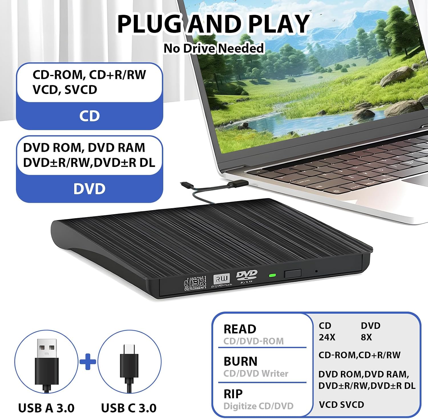 Yuio External CD DVD Drive for Laptop USB 3.0 Type-C Portable DVD CD+ ...