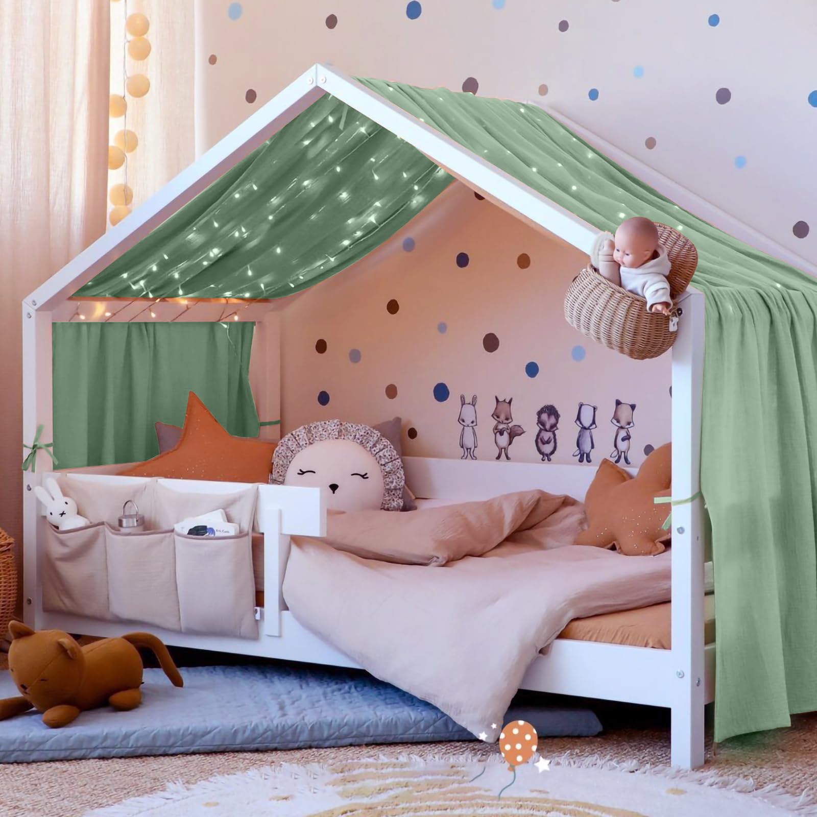 Vicloon Tenda Letto Bambini Montessori 100% Cotone, Verde Chiaro