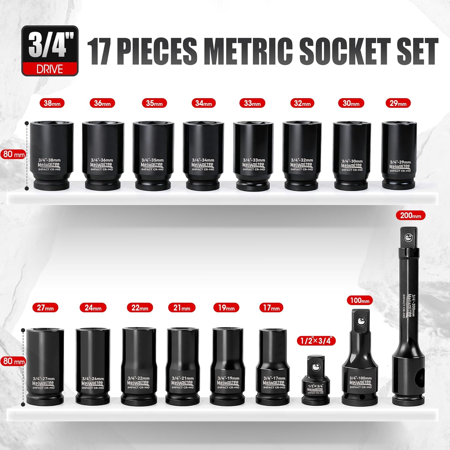 Meiwaltee 3/4" Set di Bussole a Impatto Profondo 17 Pezzi - immagine 3