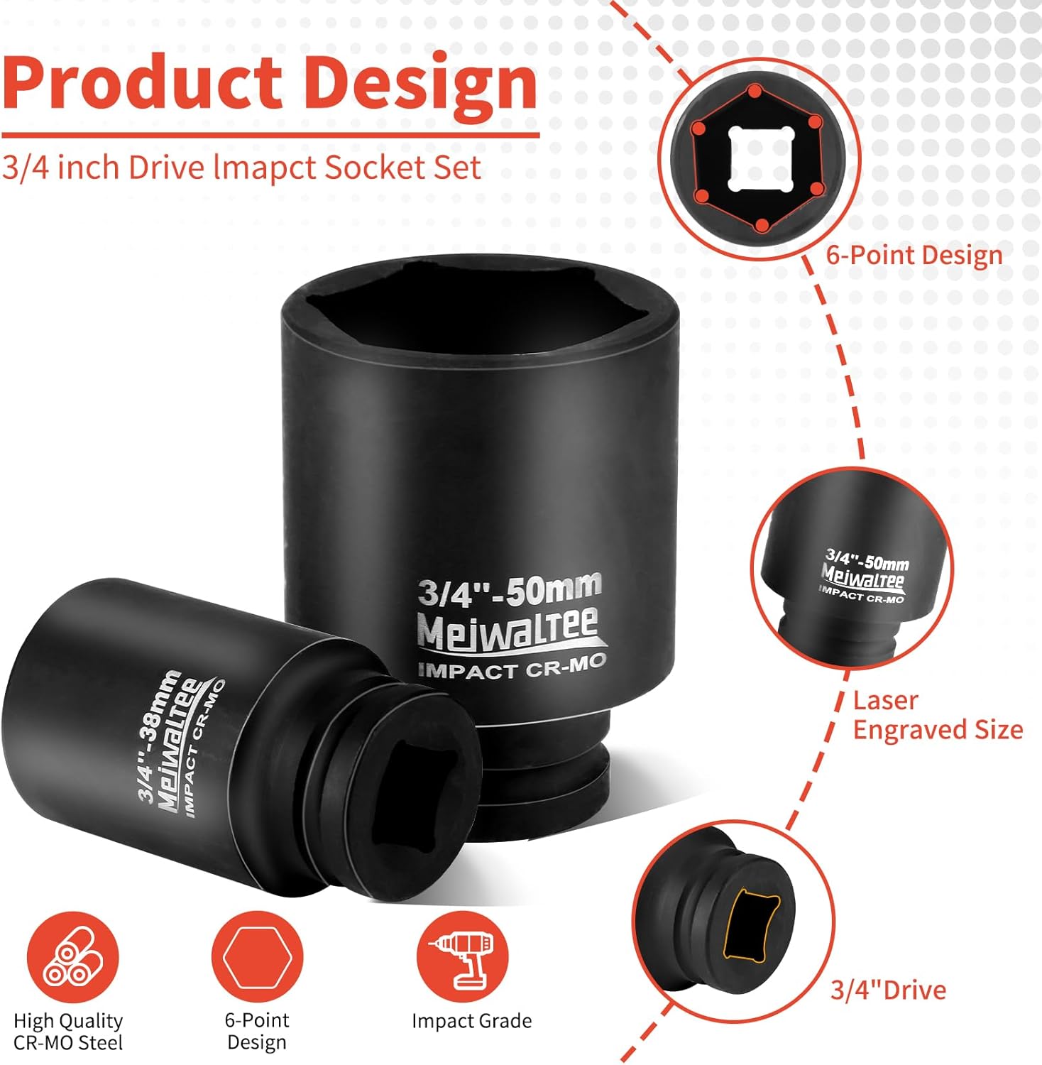 Meiwaltee 3/4" Set di Bussole a Impatto Profondo 17 Pezzi - immagine 6