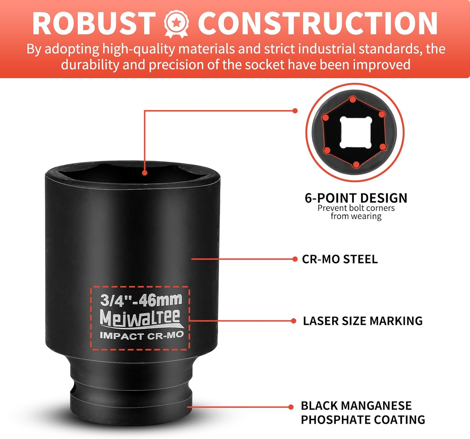 Meiwaltee 3/4" Set di Bussole a Impatto Profondo 17 Pezzi - immagine 7