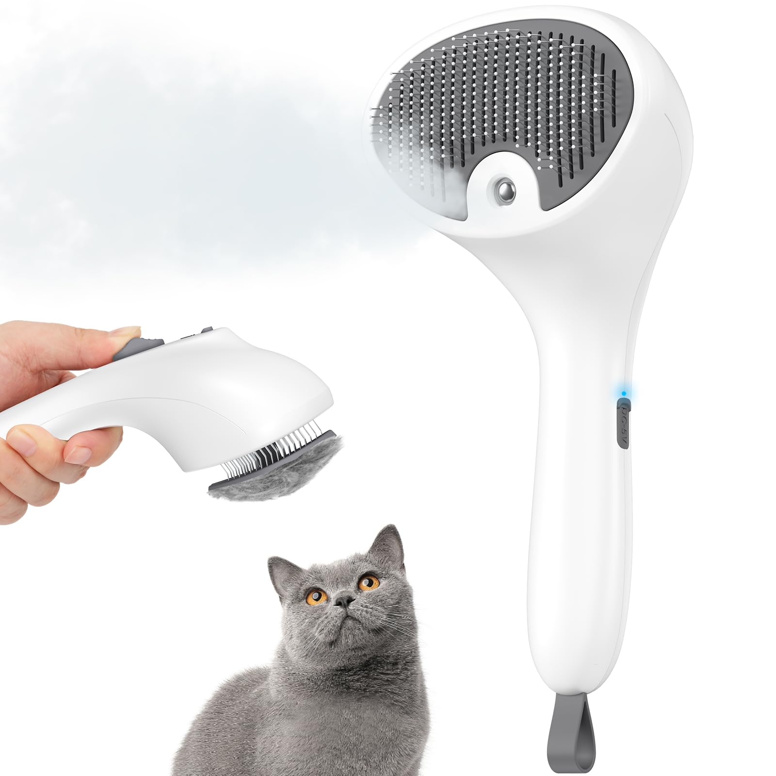 Spazzola a Vapore per Gatti e Cani con Pulsante di Rilascio, [Design Ultra-Silenzioso/Manico Ergonomico] Spazzola a Vapore Ricaricabile per Animali Domestici,Spazzola per Gatti, Cani Conigli