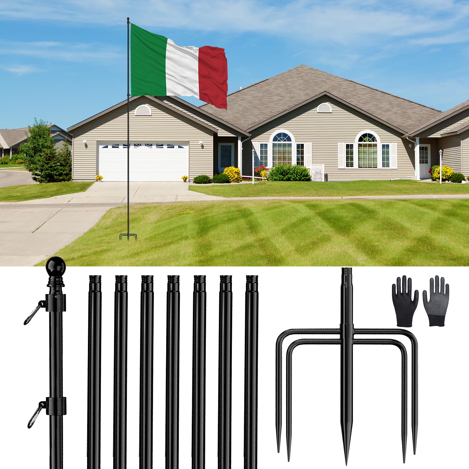 Asta per Bandiera, Pali Portabandiera in Acciaio Inossidabile per Impieghi Gravosi da Interrare con Picchetto a 5 Punte, Puntale per Asta Portabandiera per Giardino Esterno
