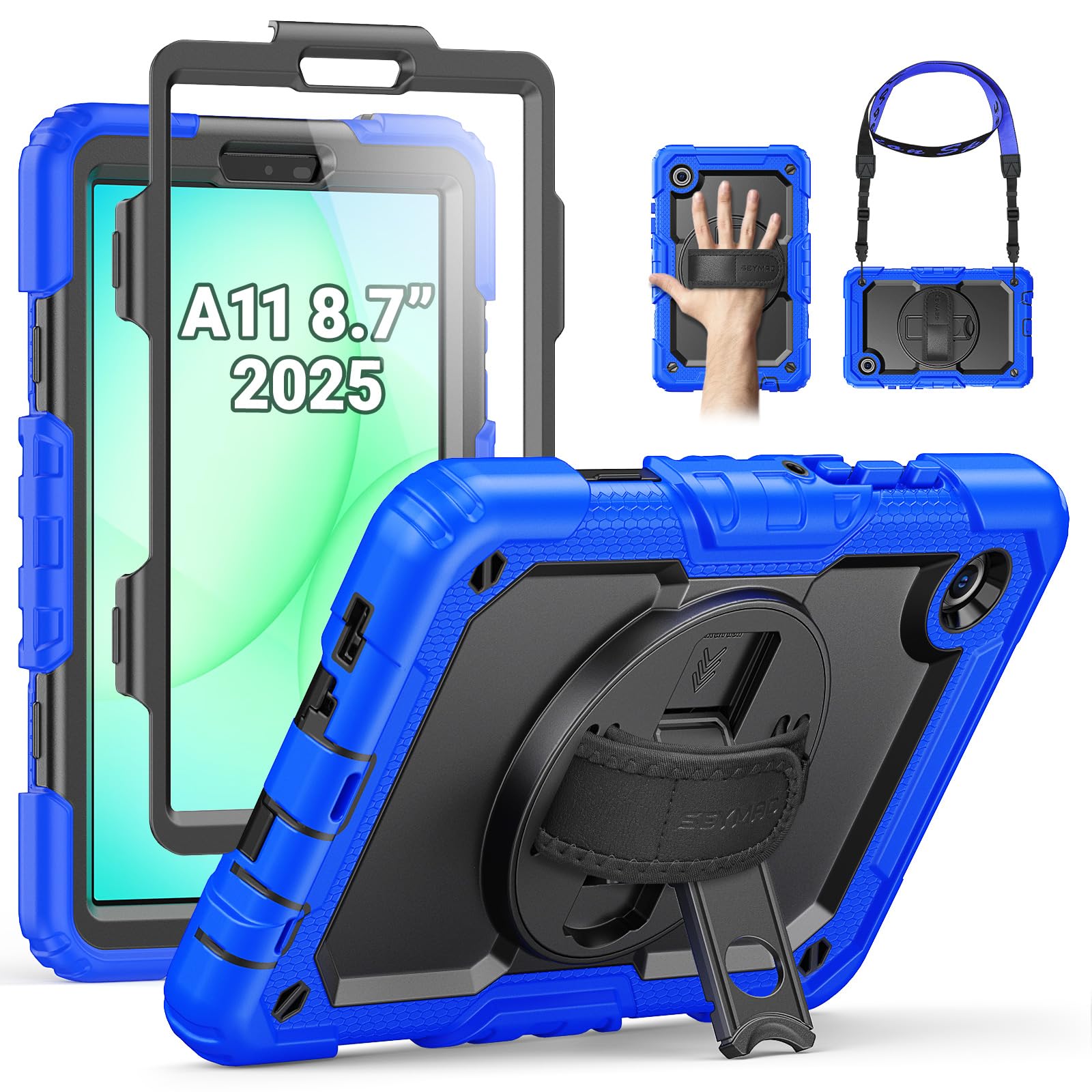 SEYMAC Custodia per Samsung Galaxy Tab A11 8,7" / Tab A9 8,7 Pollici (2025/2023), Custodia Antishock con Protezione Schermo, Supporto Girevole a 360° e Cinturino da Polso, Tracolla, Blu