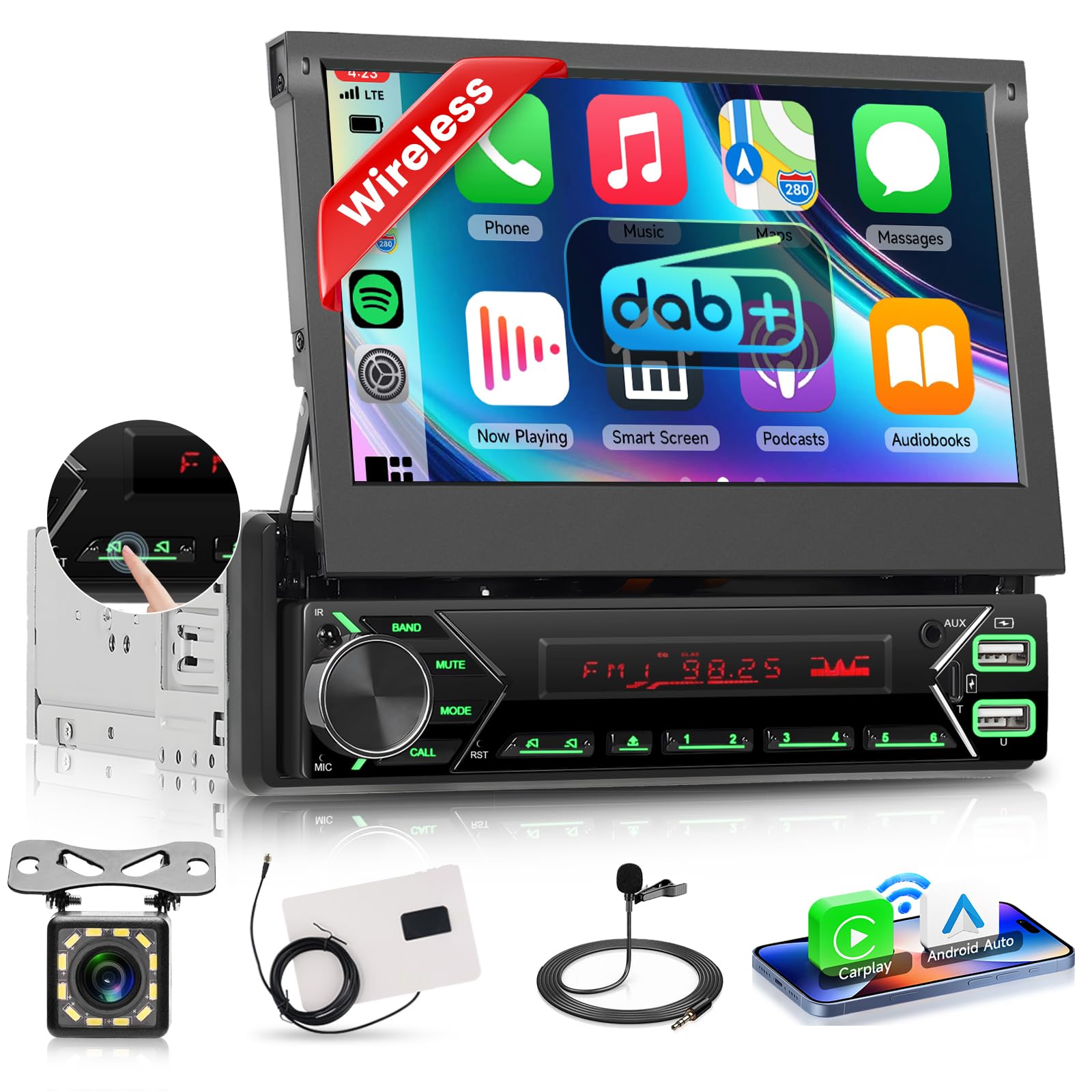 Vechtel Autoradio 1 DIN con Carplay Android Auto Wireless