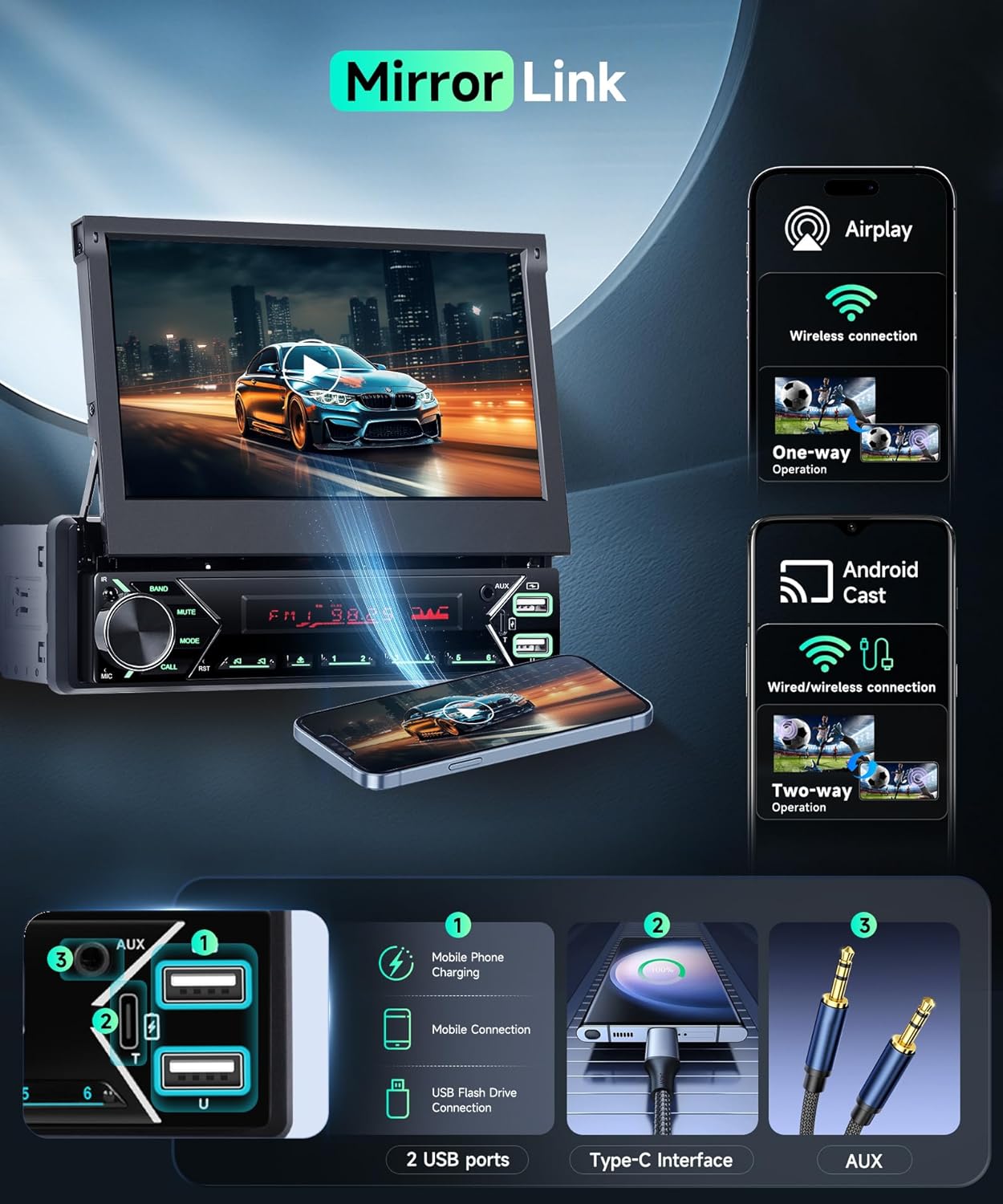 Vechtel Autoradio 1 DIN con Carplay Android Auto Wireless - immagine 4