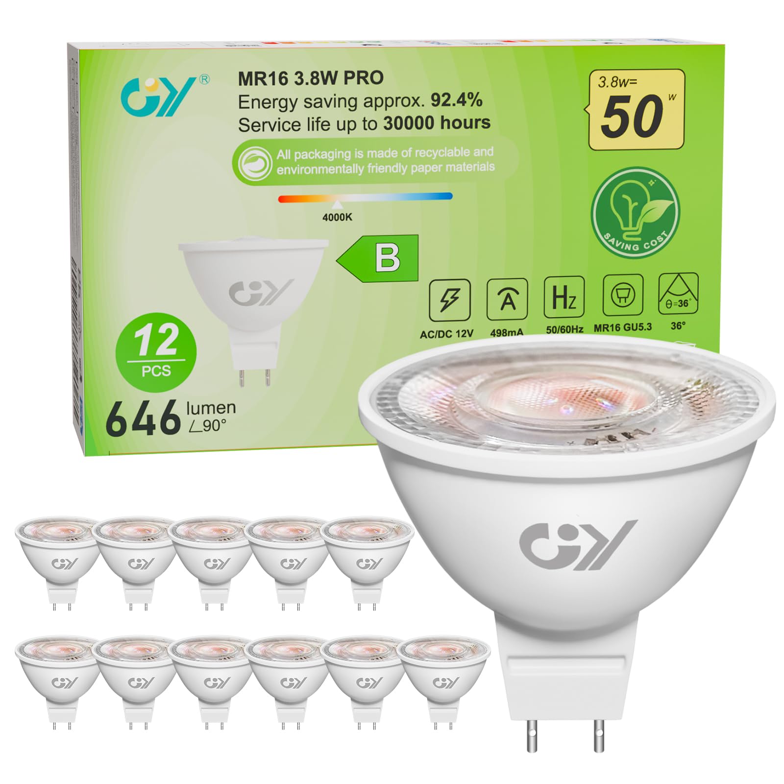 Gy Lampadine LED GU5.3 MR16 12V 3.8W, 4000K