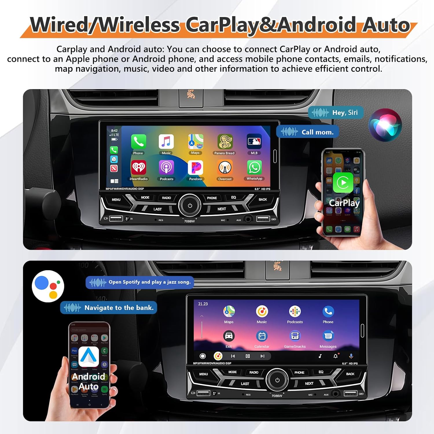 Autoradio 2 Din Carplay con Android Auto 6.9" - immagine 2