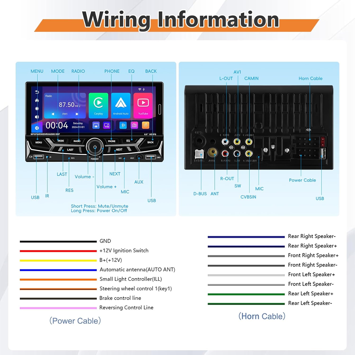Autoradio 2 Din Carplay con Android Auto 6.9" - immagine 7
