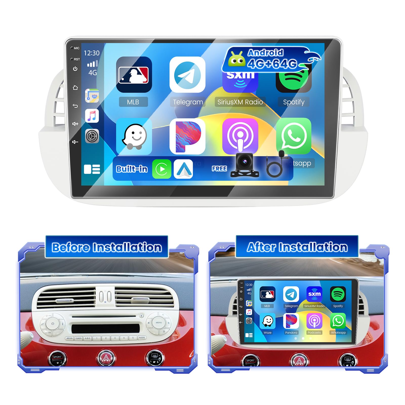 Hikity Android 15 Autoradio 9" per Fiat 500 2007-2015