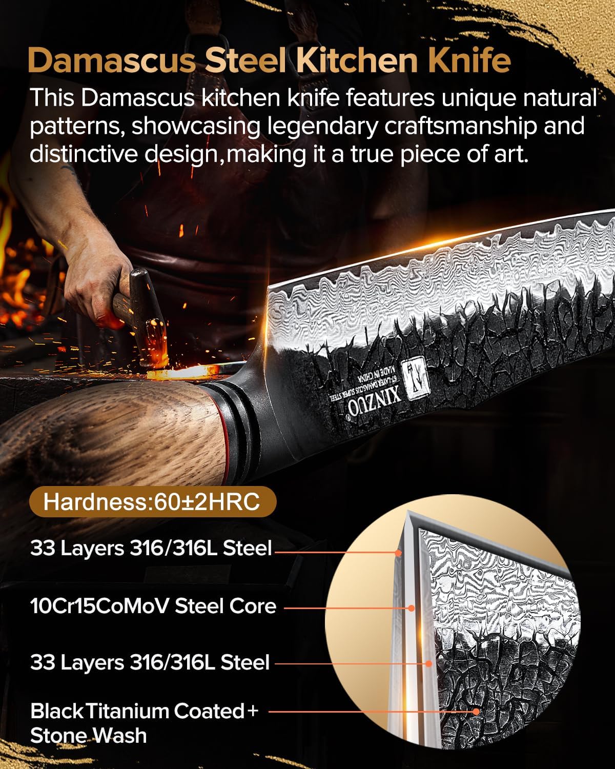 Xinzuo Coltello per Affettare Carne Damasco 25,5cm - immagine 2