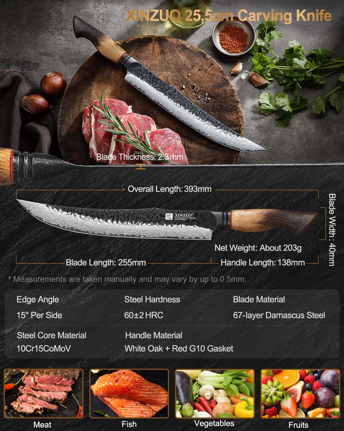 Xinzuo Coltello per Affettare Carne Damasco 25,5cm - immagine 6