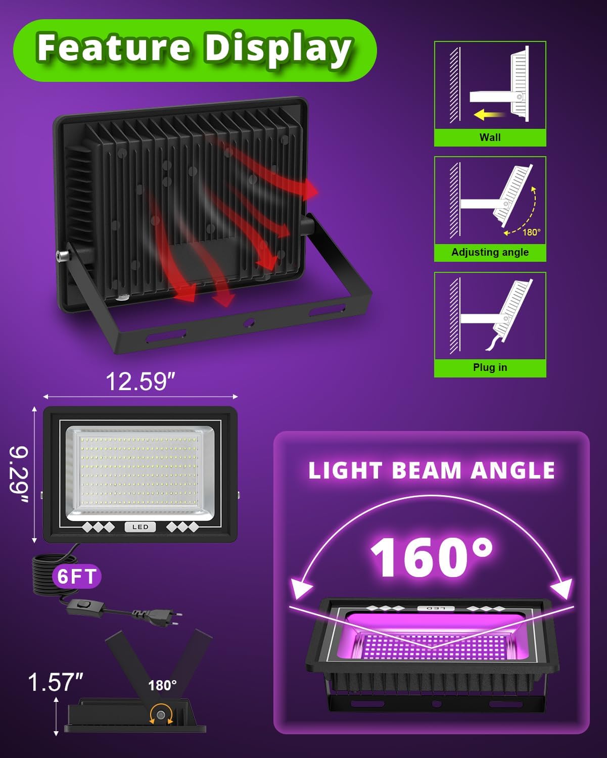 Faretto UV LED 100W, Set da 2 Pezzi - immagine 5