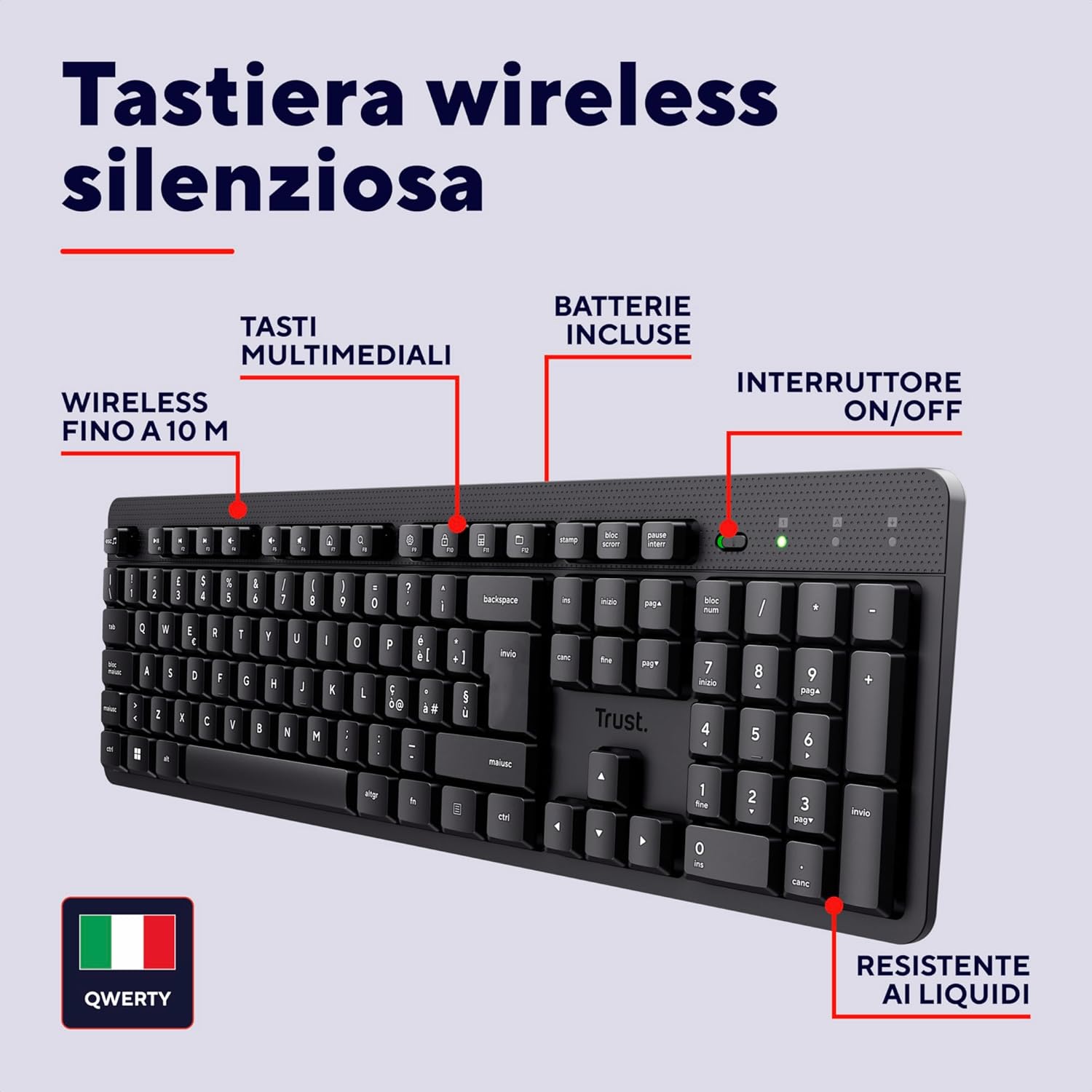 Trust Ody II - Tastiera Wireless Silenziosa QWERTY, Nero - immagine 3