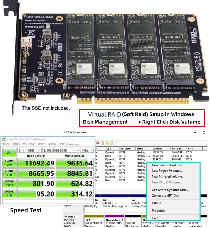 GLOTRENDS PA41: Adattatore PCIe 4.0 X16 Per 4 SSD M.2 NVMe, Supporta 22110/2280/2260/2242/2230, Senza Bifurcation Biforcazione PCIe X4X4X4X4