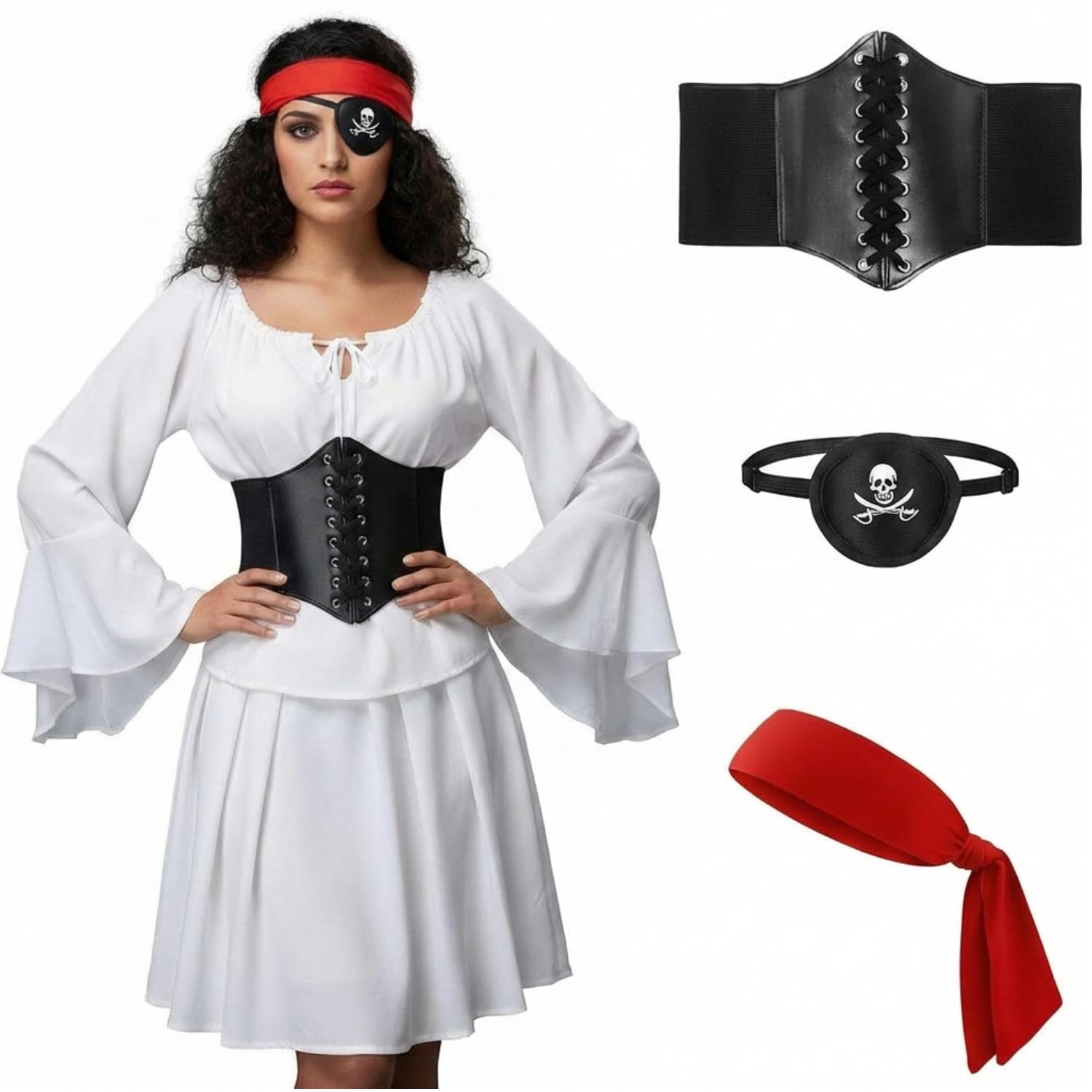 Hestya Set di Accessori per Costume da Pirata Donna con Fascia da Pirata Rossa Benda per Occhio da Pirata Nera Cintura Corsetto da Pirata Accessori da Festa da Pirata per Carnevale Cosplay Halloween