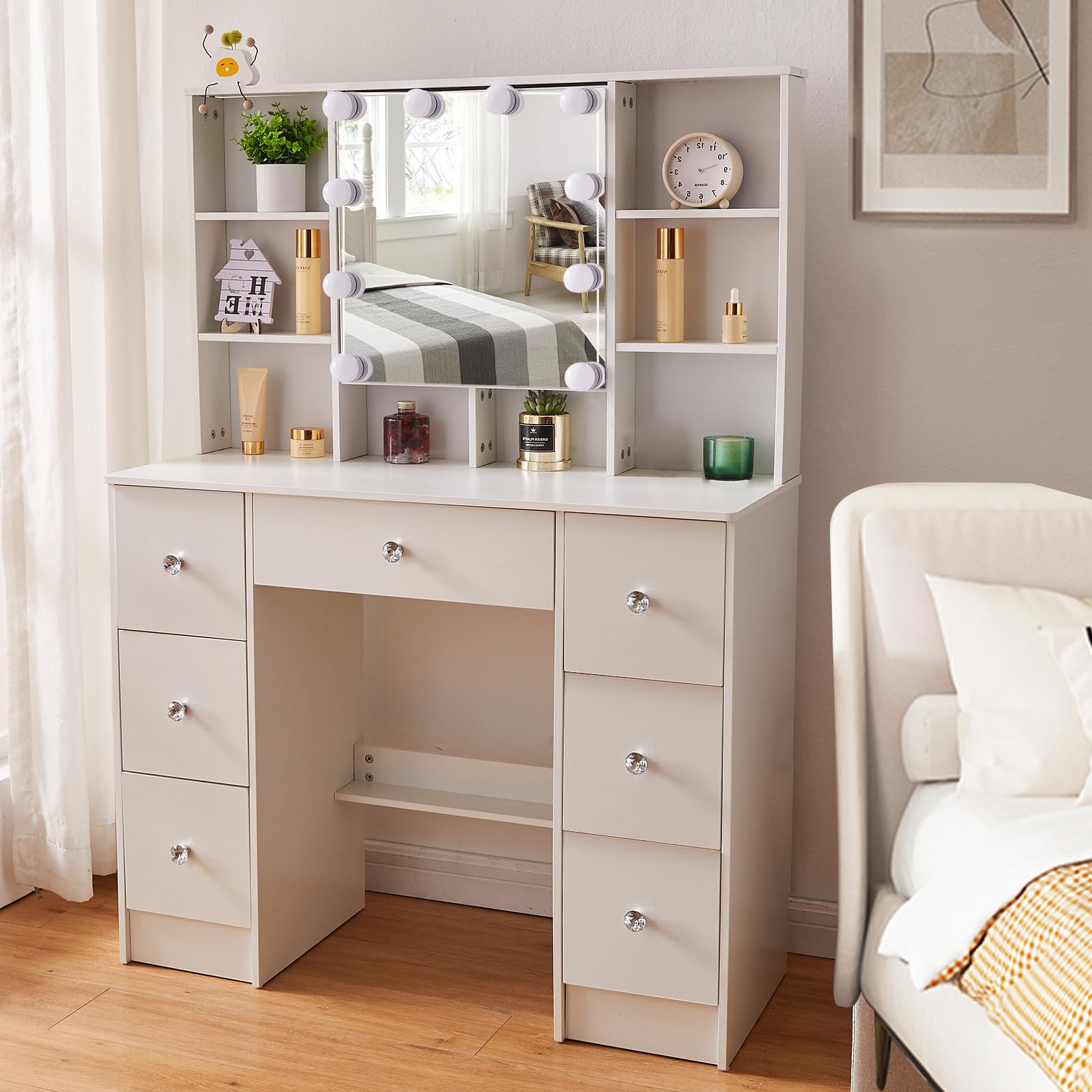 Toeletta da Trucco con Specchio Apribile 40x100x140cm, Bianco