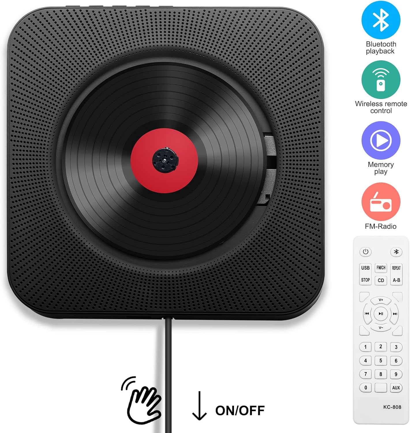 Lettore CD Portatile da Tavolo con Bluetooth, Nero - immagine 2