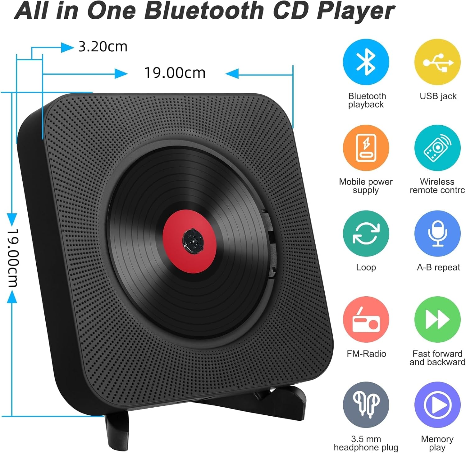 Lettore CD Portatile da Tavolo con Bluetooth, Nero - immagine 3
