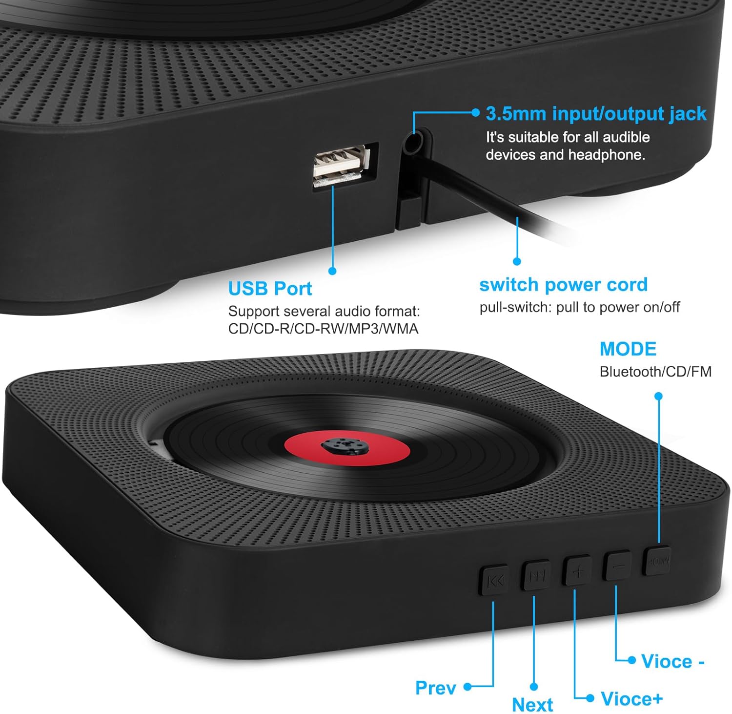 Lettore CD Portatile da Tavolo con Bluetooth, Nero - immagine 4