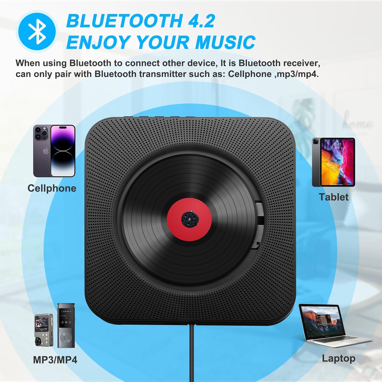 Lettore CD Portatile da Tavolo con Bluetooth, Nero - immagine 5