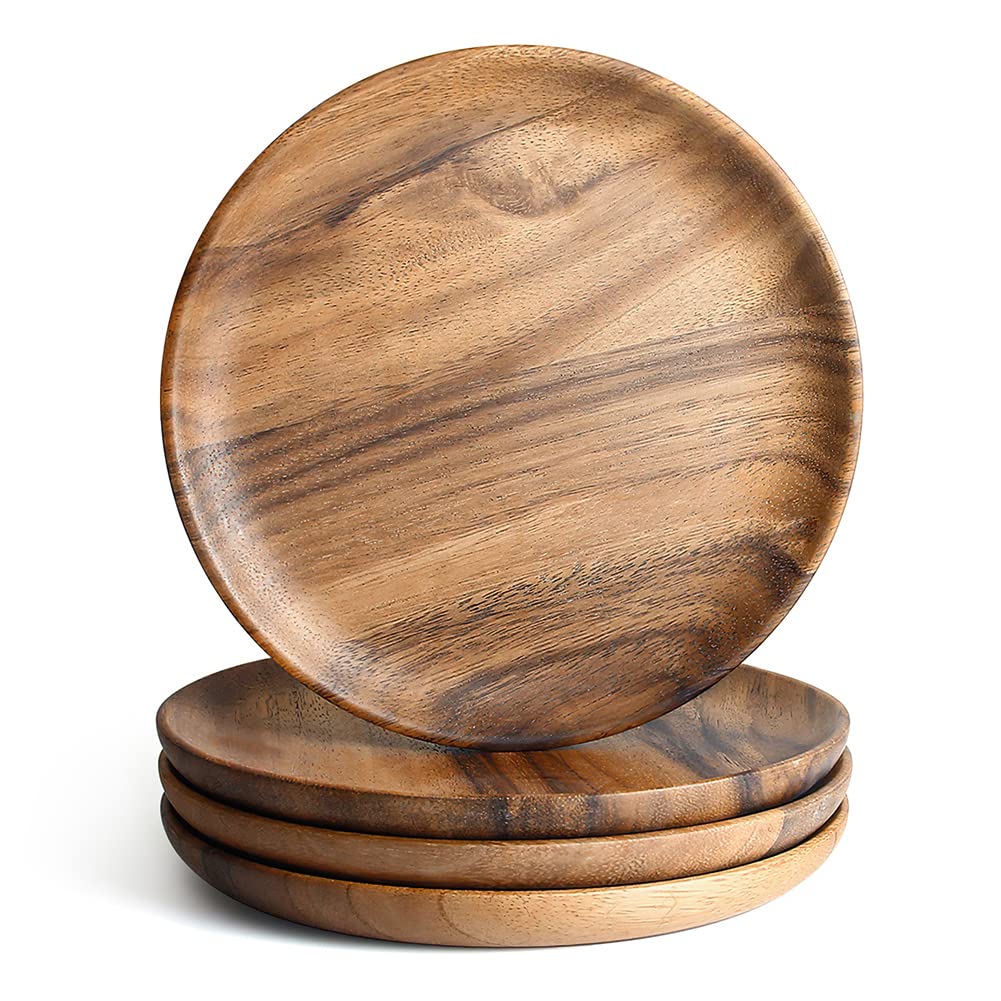 Aoosy Piatti da Portata in Legno di Acacia Rotondi 20cm (Set 4)