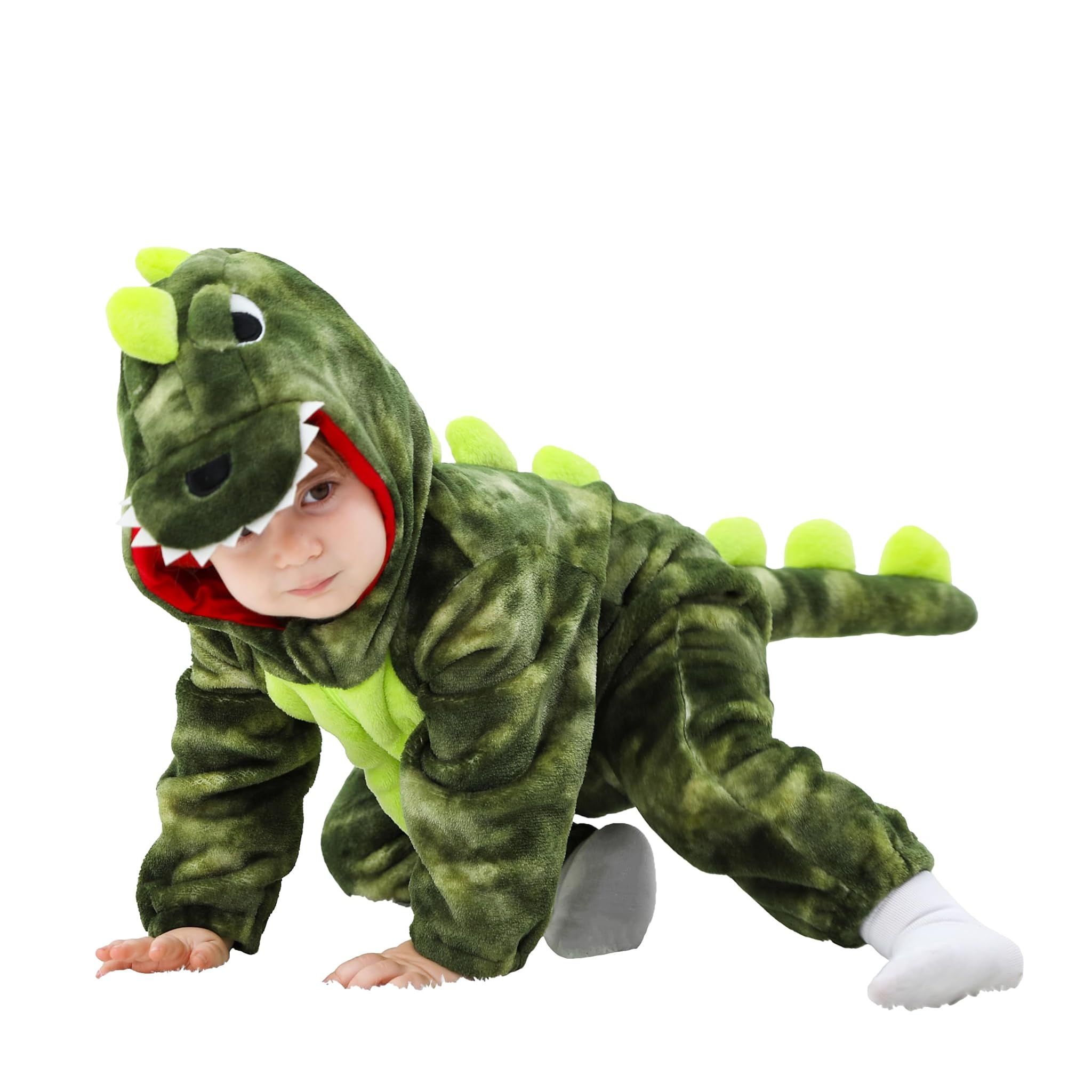 LOLANTA Costume da Dinosauro per Bambino Unisex, Costume da Animale con Cappuccio per Bambino, Tuta Sindacale in Flanella, Tinta Verde, 3-4 anni