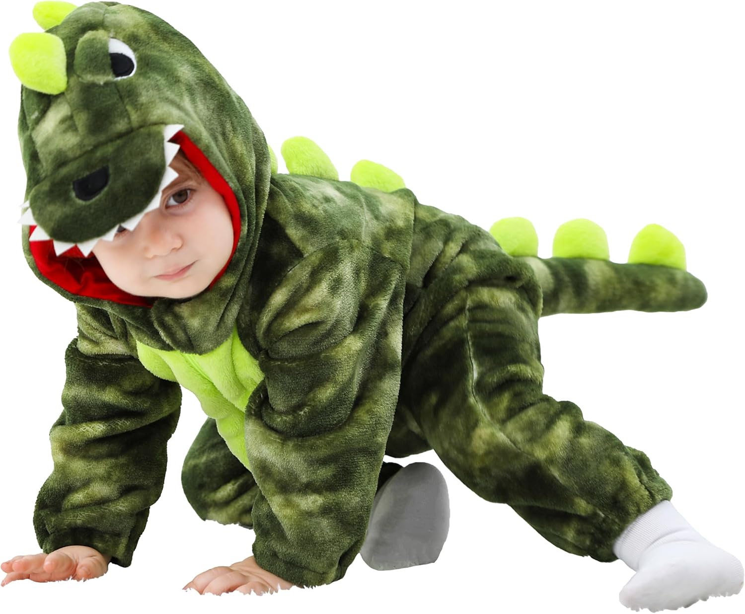 LOLANTA Costume da Dinosauro per Bambino Unisex, Costume da Animale con Cappuccio per Bambino, Tuta Sindacale in Flanella, Tinta Verde, 3-4 anni - immagine 1