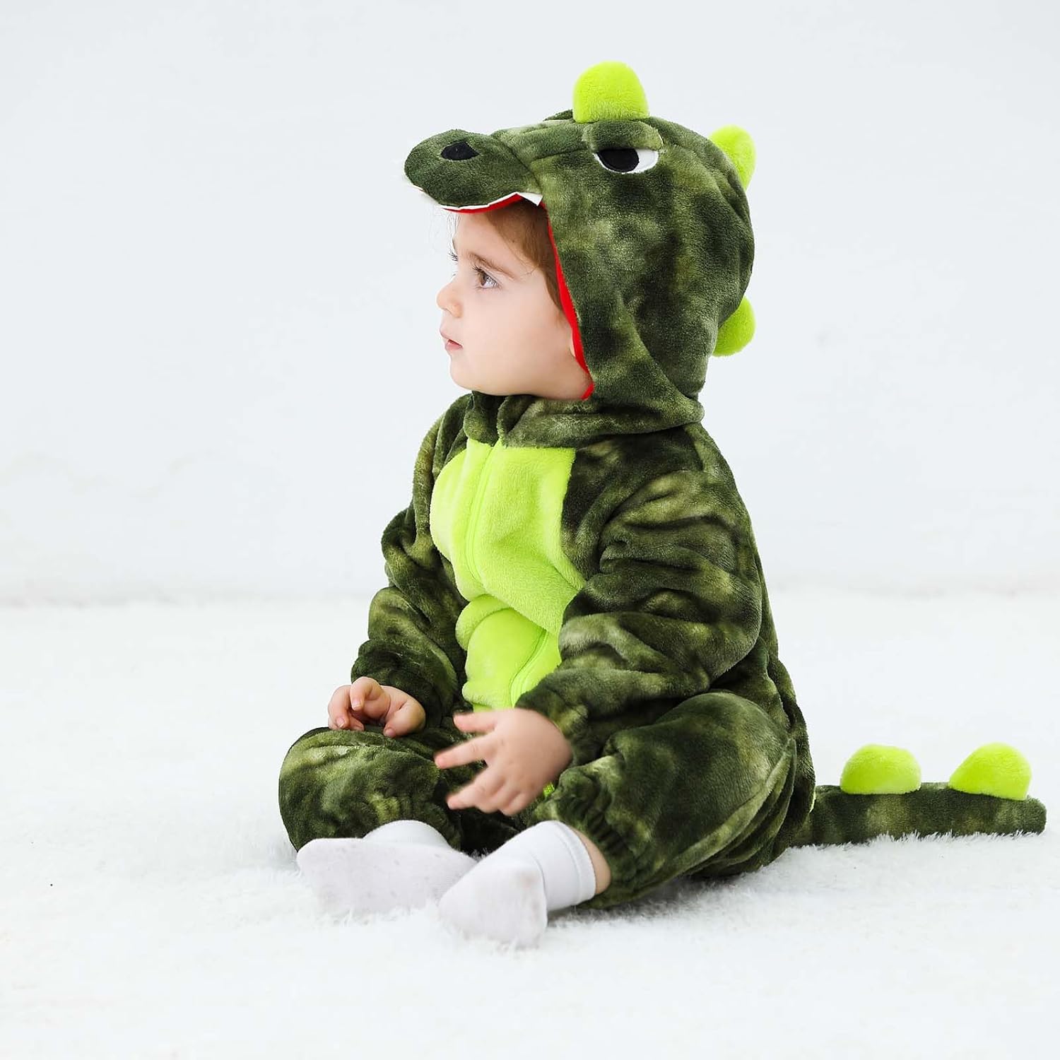 LOLANTA Costume da Dinosauro per Bambino Unisex, Costume da Animale con Cappuccio per Bambino, Tuta Sindacale in Flanella, Tinta Verde, 3-4 anni - immagine 3