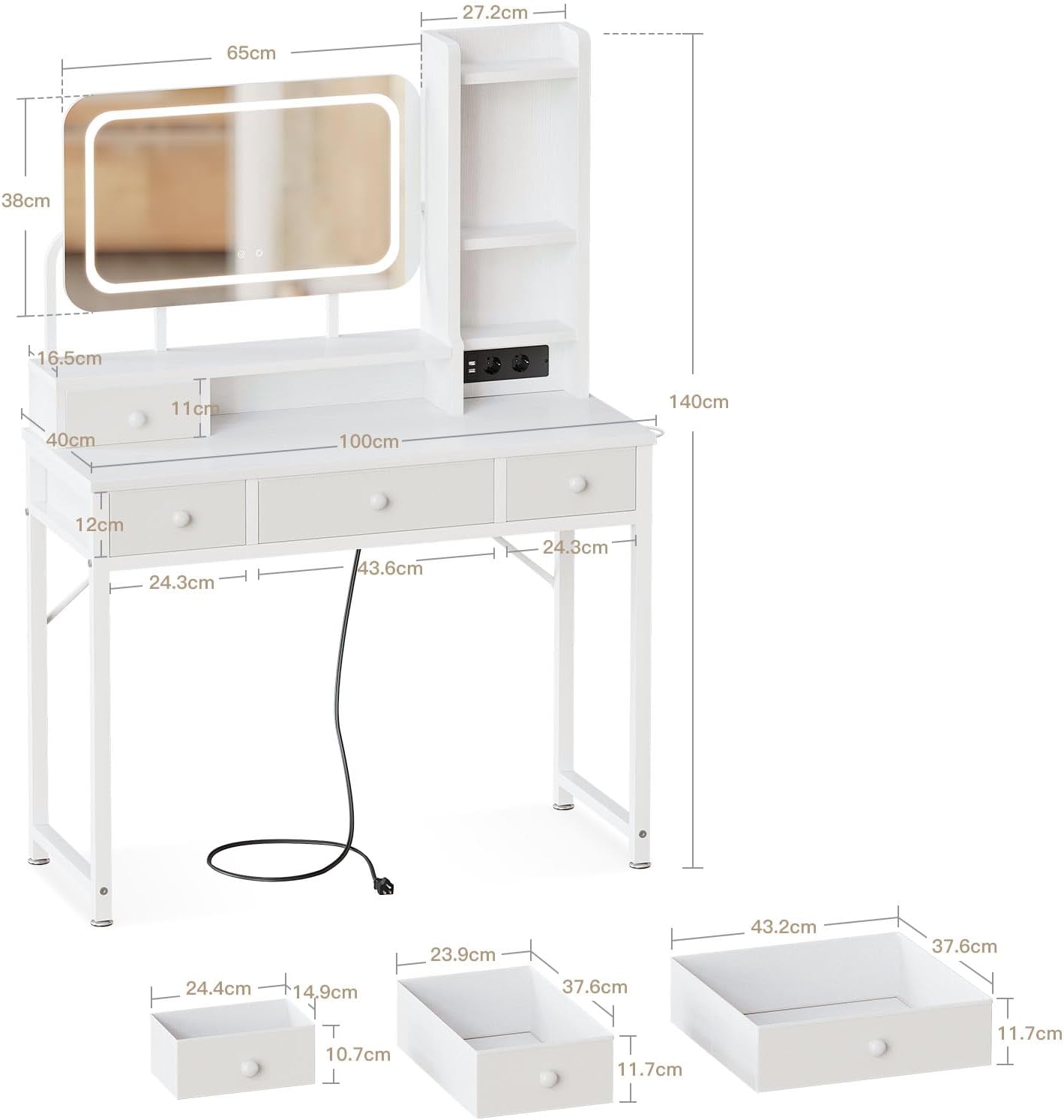 ODK Toeletta con Specchio LED e 4 Cassetti, Bianca - immagine 2