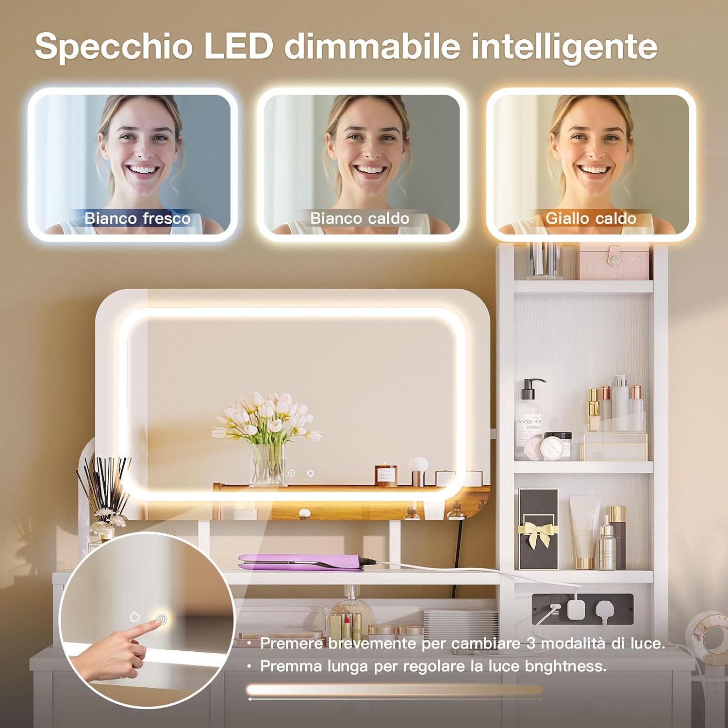ODK Toeletta con Specchio LED e 4 Cassetti, Bianca - immagine 3