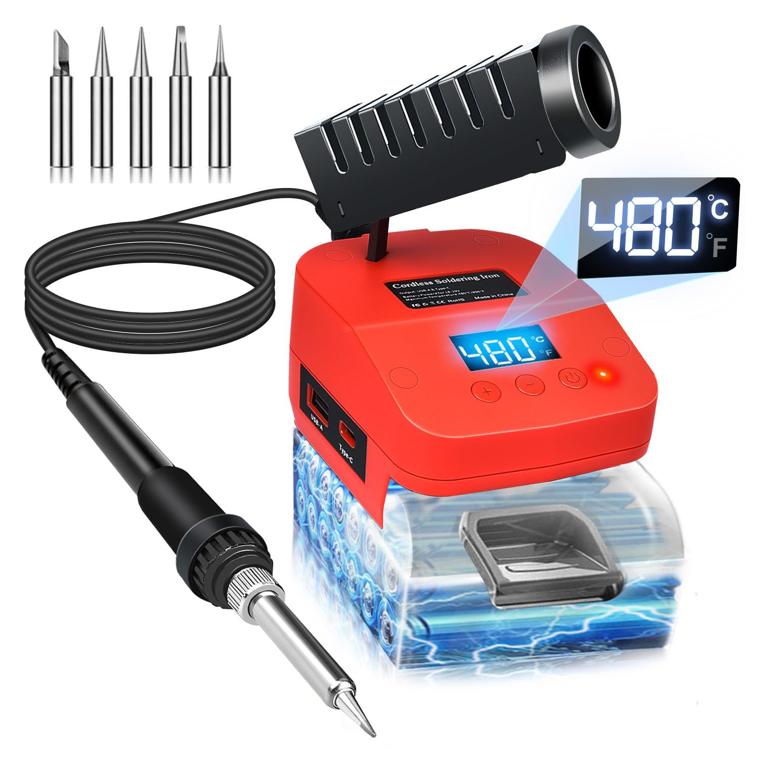 Saldatore senza fili per batteria Milwaukee M18 da 18 V, riscaldamento rapido, stazione di saldatura digitale LCD elettrica con porte di ricarica USB e di tipo C, set di saldatore regolabile portatile