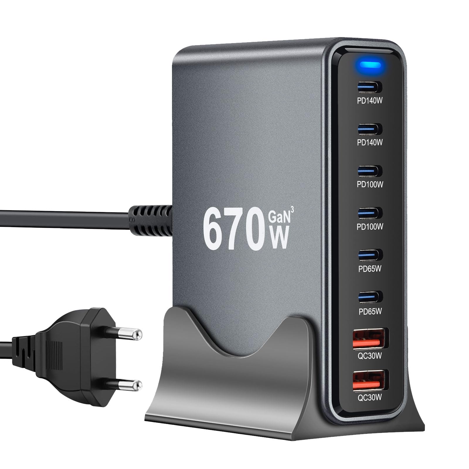 Caricatore USB C Multiuso 670W 8 Porte Fast Charger, Nero
