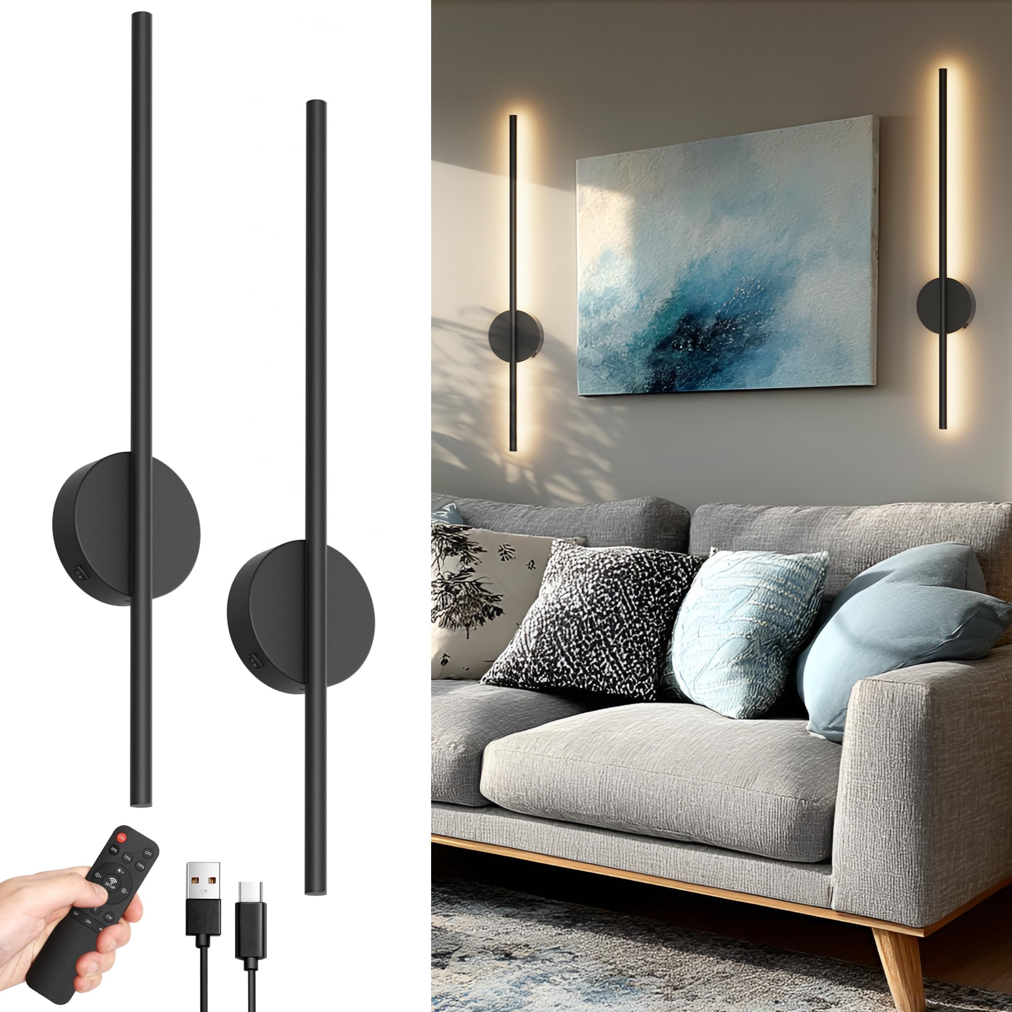 Aipsun Lampada da Parete Ricaricabile 100cm, Nera