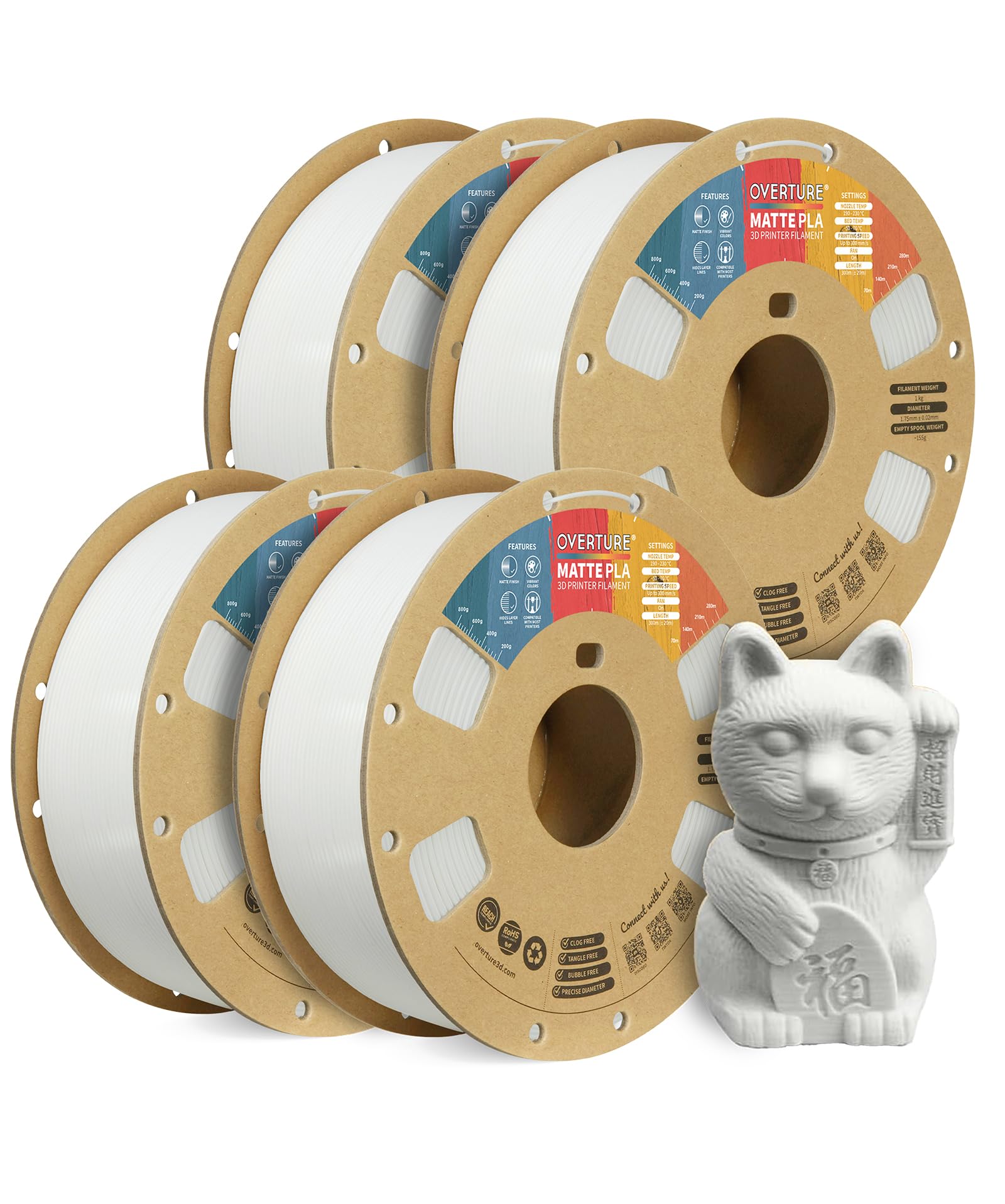 Overture Filamento Matte PLA 1.75mm, 4kg (Bianco)