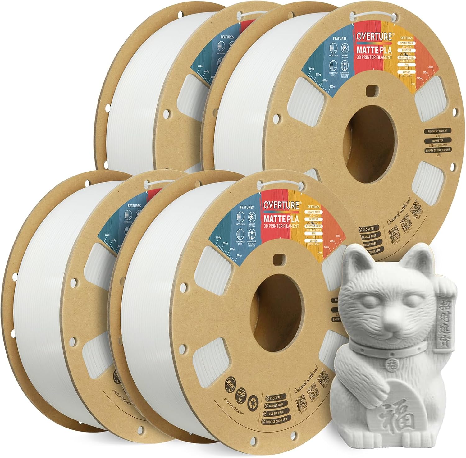 Overture Filamento Matte PLA 1.75mm, 4kg (Bianco) - immagine 1