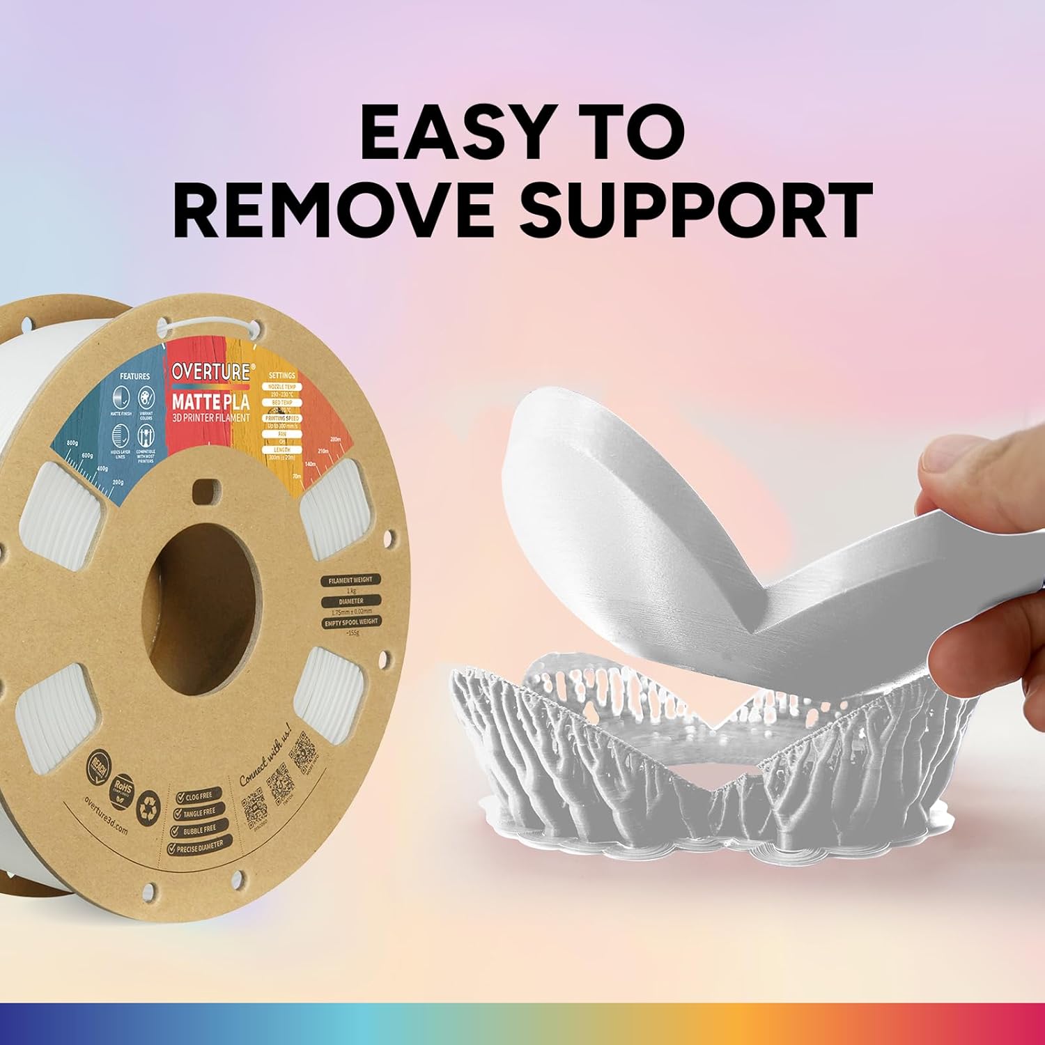 Overture Filamento Matte PLA 1.75mm, 4kg (Bianco) - immagine 3