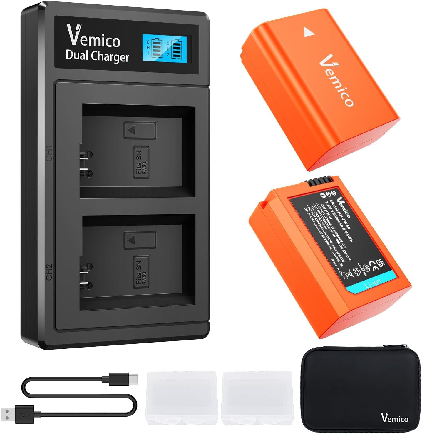 Vemico NP-FW50 Kit Batteria e Caricabatterie USB-C LCD