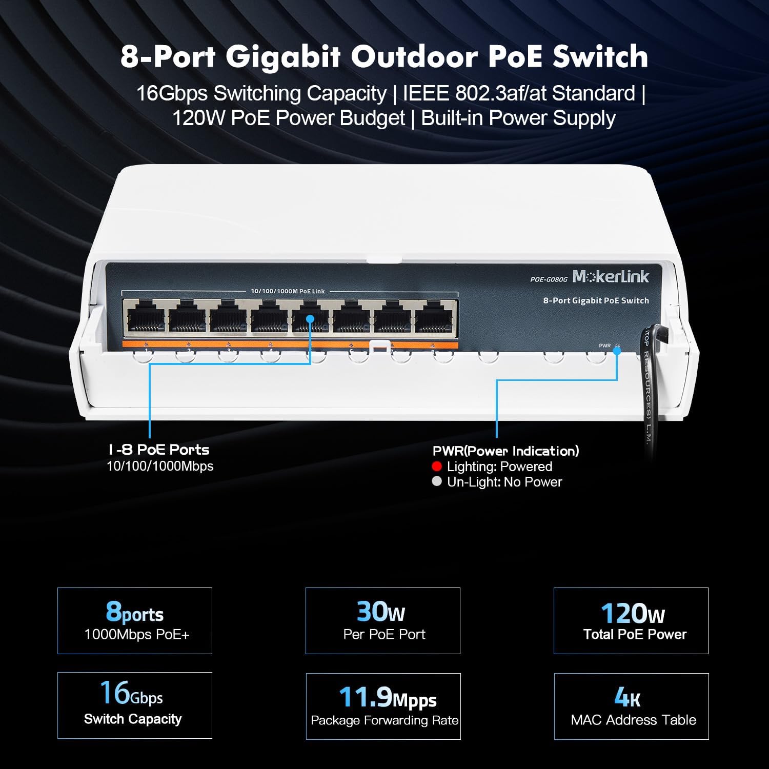 Mokerlink Switch Gigabit PoE 8 Porte per Esterni 120W - immagine 6